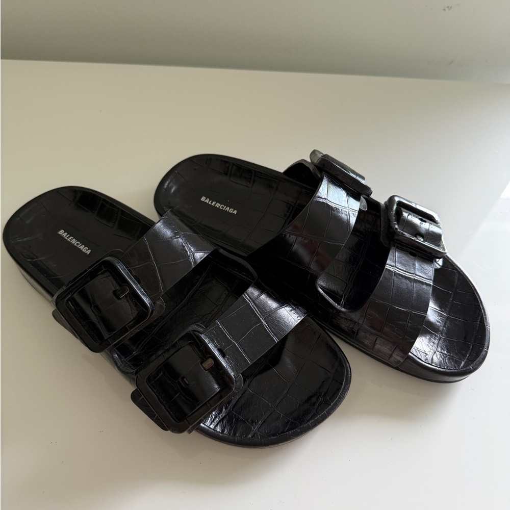 Balenciaga Black Croc-Embossed Sandals